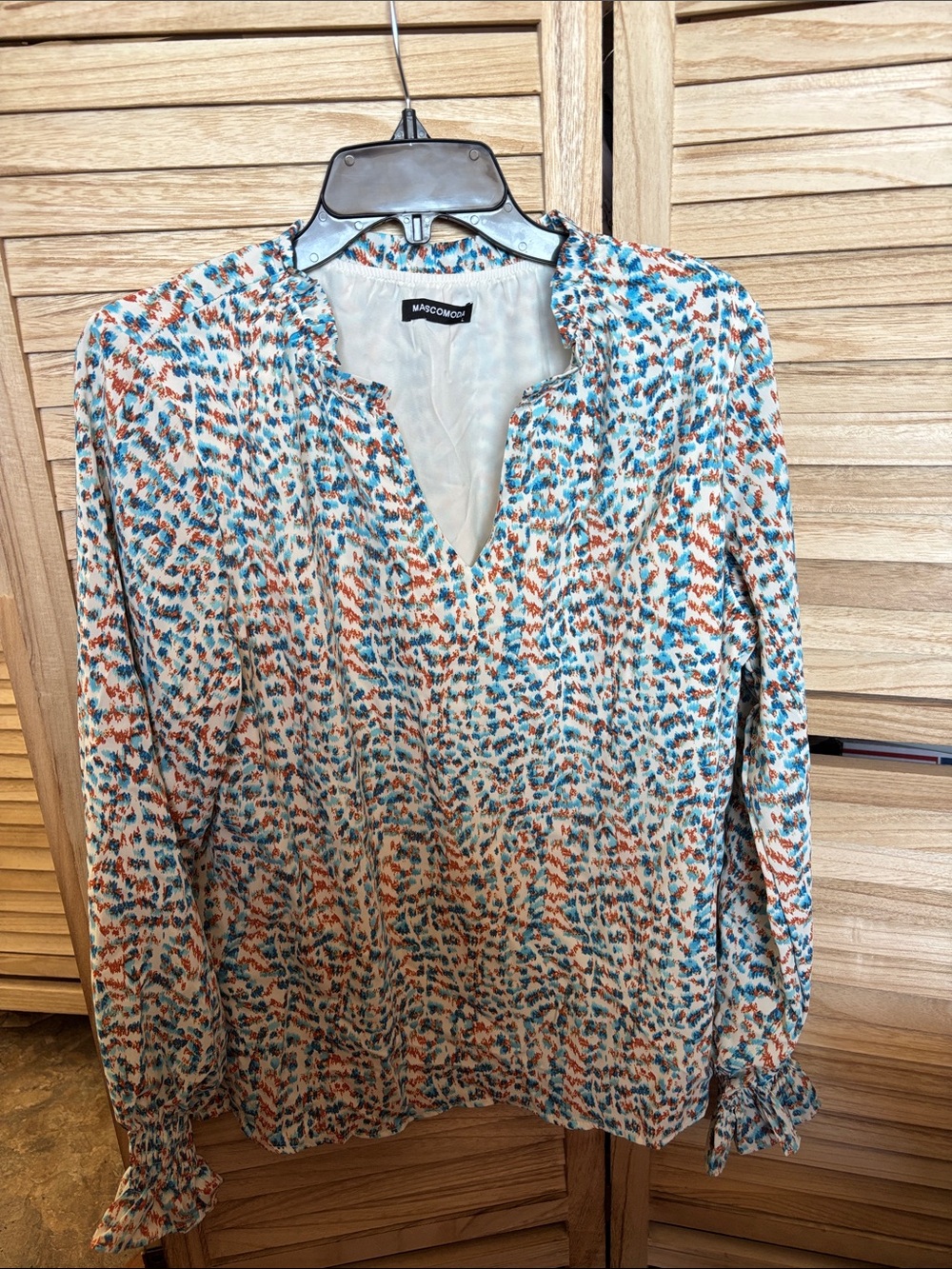 Mascomoda Teal & Rust Abstract V-Neck Long Sleeve Blouse Large